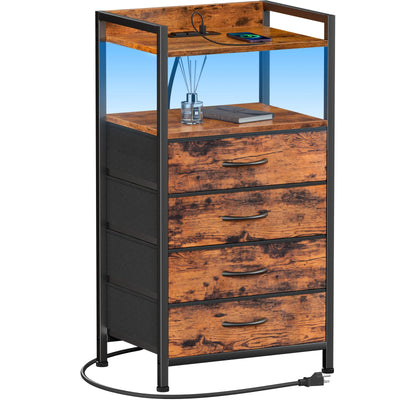 Furnulem 4 Drawer Dresser for Bedroom, Tall Nightstand with Led Light and Charging Station, Small Night Stand Bedside Table, Fabric Bins, Metal Frame, Wood Shelf, Side Furniture(Rustic Brown)