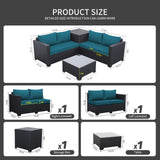 WAROOM Outdoor PE Wicker Patio Furniture Set 4 Piece Black Rattan Sectional Sofa Loveseat Couch Conversation Set with Storage Box Glass Top Table and Anti-Slip Peacock Blue Cushion WAROOM