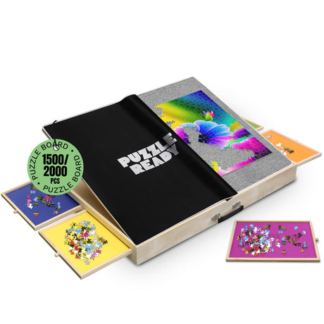 Puzzle Board Tilting with Drawers & Cover Mat - 1500 Pieces Wooden Jigsaw Puzzle Table - 36”x27” Portable Puzzle Board - 3 Tilting Angles & Felt Working Surface - Puzzle Ready Puzzle Ready