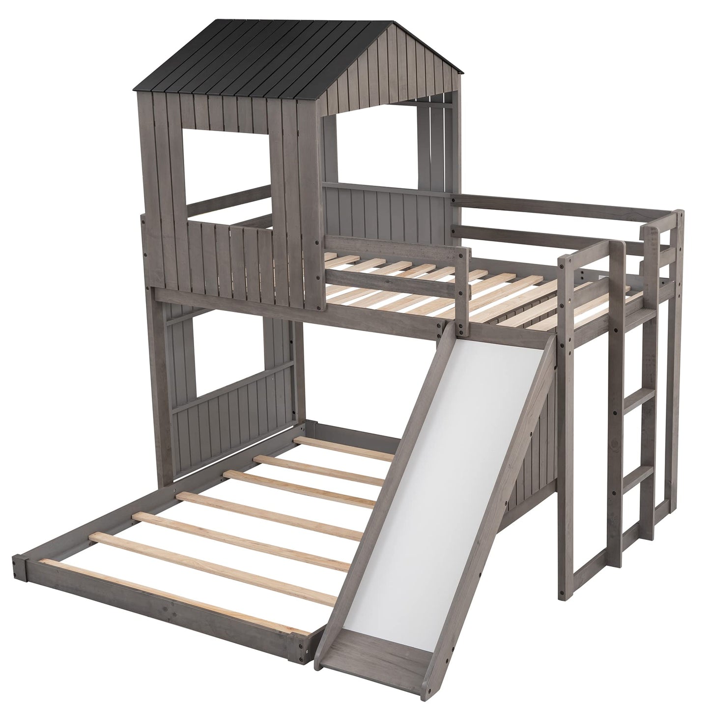 Harper & Bright Designs Antique Gray Twin Over Full House Bunk Bed with Slide and Guard Rail - WoodArtSupply