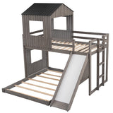 Twin Over Full House Bunk Beds with Full Size Bottom Platform Bed Frames and Slide, Antique Gray Merax