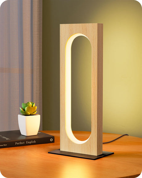 EDISHINE LED Table Lamp, Wooden Bedside Lamp with 3 Color Temperatures & Dimmable, Touch Control Square Nightstand Lamp for Bedroom Living Room, Memory Function, Original Wood Color EDISHINE