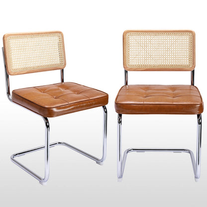 Zesthouse Mid-Century Modern Dining Chairs, Upholstered Tufted Faux Leather Accent Chairs Rattan Dining Chairs Set of 2, Armless Mesh Back Cane Chairs with Metal Chrome Legs, Brown