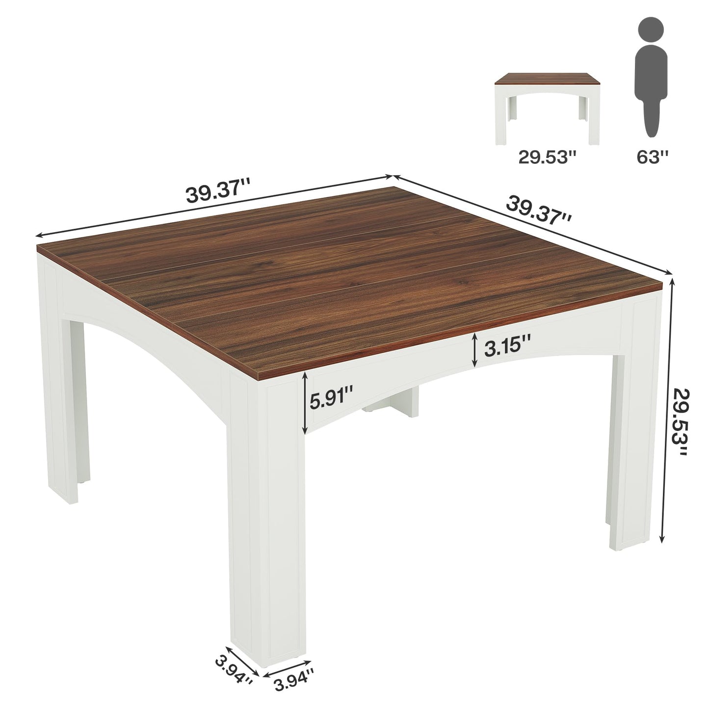 Tribesigns Square Dining Table for 4 People, 39.4-Inch Farmhouse Wood Kitchen Table Dinner Table for Dining Room, Small Space, Walnut + White