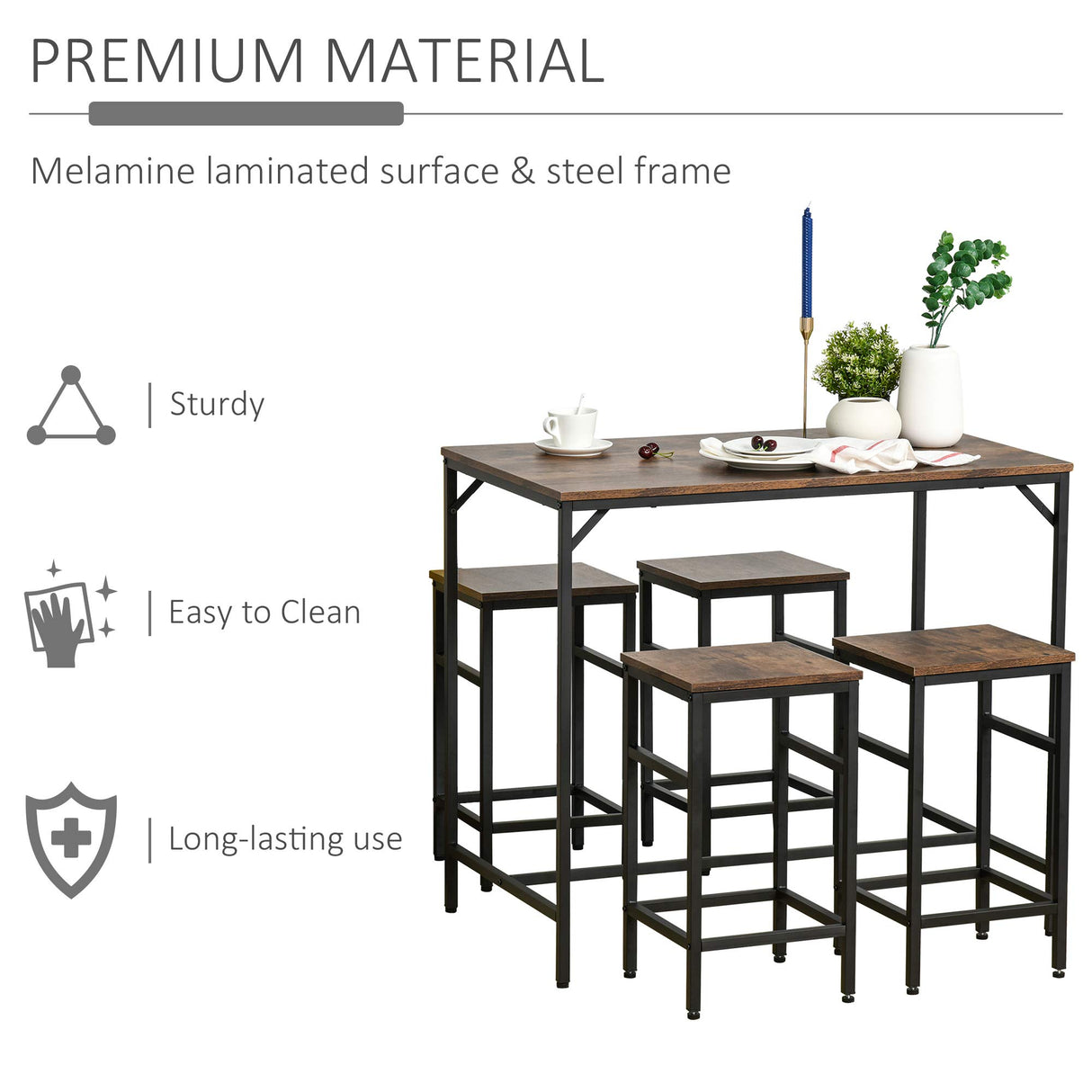 HOMCOM 5-Piece Industrial Dining Table Set, Bar Table & 4 Stools Set, Space Saving for Pub & Kitchen, Black/Brown HOMCOM