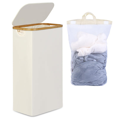 efluky Slim Laundry Basket with Lid, Narrow Laundry Hamper with Removable Bag, Skinny Dirty Clothes Basket with Bamboo Handles for Bathroom, Bedroom & Laundry Room, 75L Beige