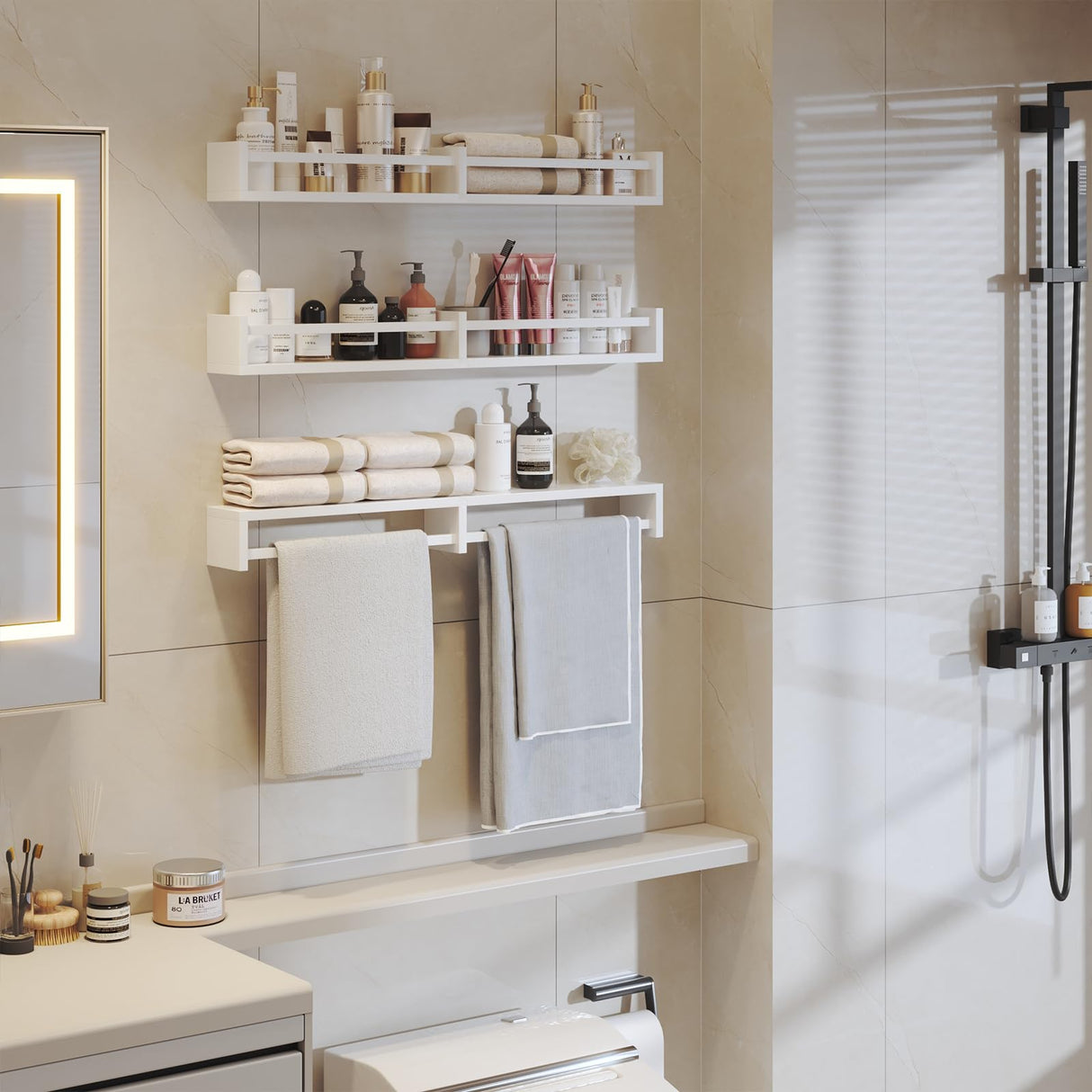 White Nursery Bookshelves,32Inch, Floating Nursery Shelves - Set of 3 - Book Shelf Organizer for Baby Nursery Room Decor, Wall Shelves for Kitchen Spice Rack, Pine Napeollor