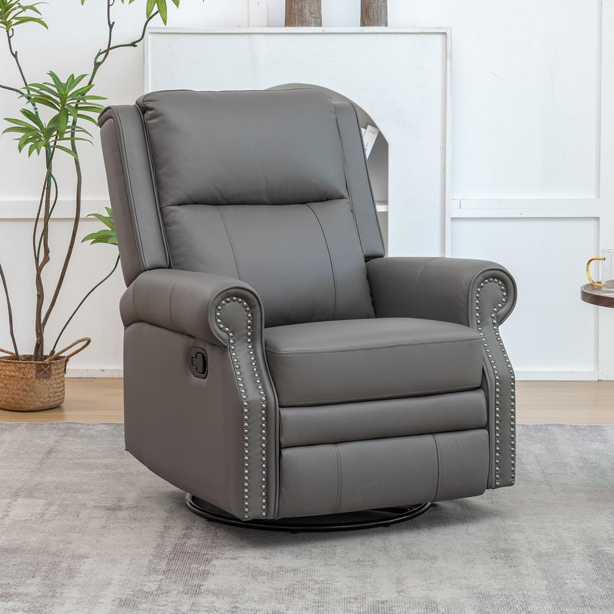 Modern Genuine Leather Swivel Rocker Recliner Chair, Manual Glider Rocking Chairs for Adults, Overstuffed Nursery Rocking Chairs with Footrest, Rocker Recliner for Living Room, Bedroom (Grey) HOMEFLEX