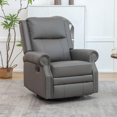 Modern Genuine Leather Swivel Rocker Recliner Chair, Manual Glider Rocking Chairs for Adults, Overstuffed Nursery Rocking Chairs with Footrest, Rocker Recliner for Living Room, Bedroom (Grey)