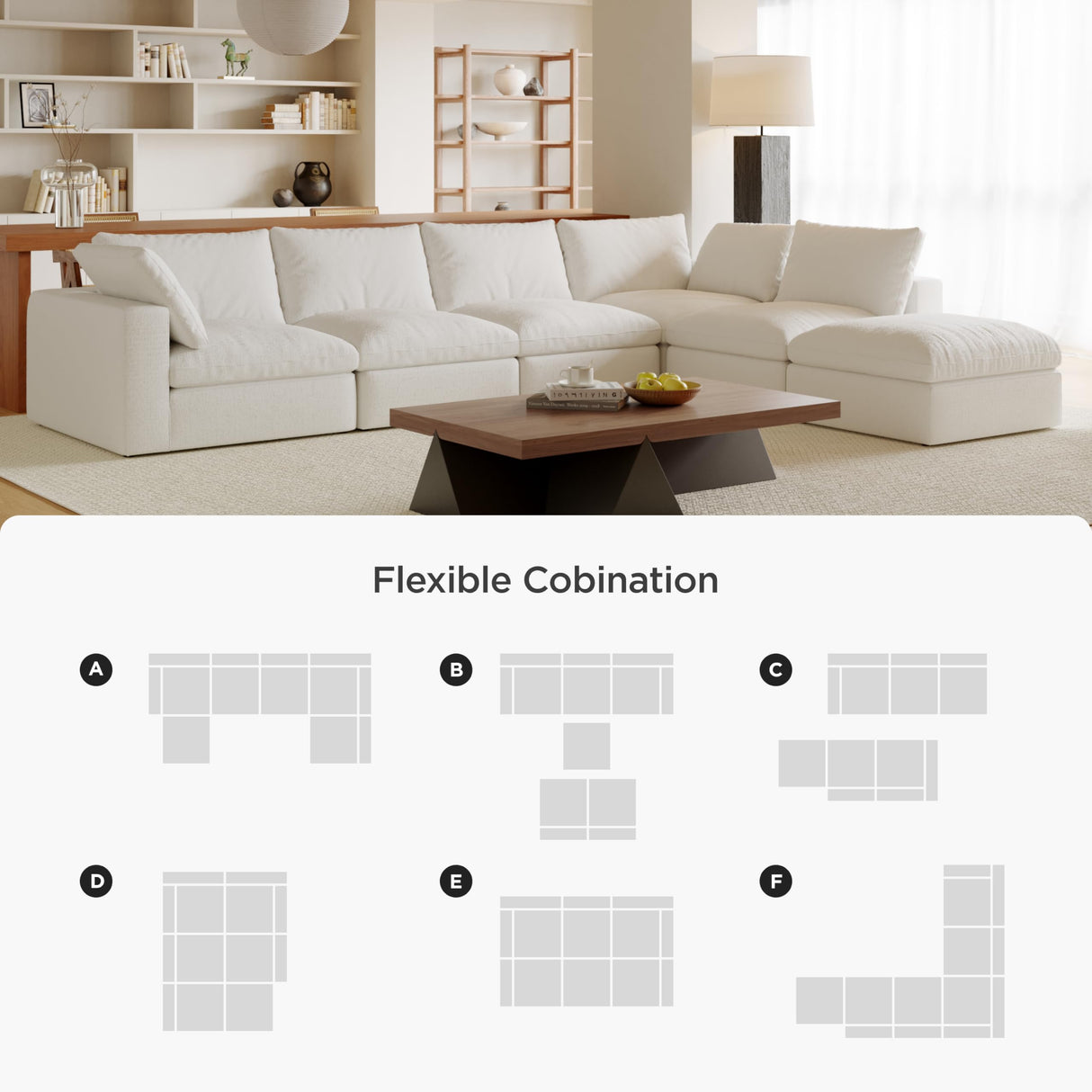 Acanva Modular U-Shaped Sectional Cloud Couch, Free Combination Minimalist Sofa, Convertible to DayBed with Shredded Latex Filled Cushion and Removable Slipcovers for Living Room, 5 Seater + Ottoman Acanva