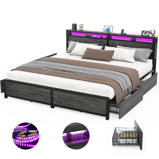 Homieasy King Size Bed Frame with 4 Storage Drawers and LED Charging Station - WoodArtSupply