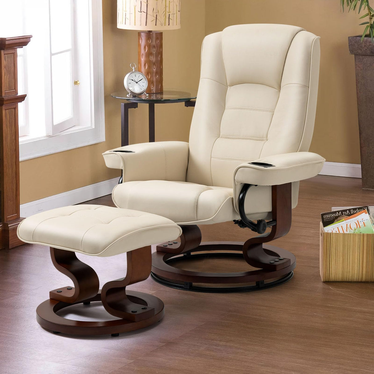 AVAWING Reclining Chair with Vibration Massage Faux Leather Recliner with Ottoman Swivel Wood Recliner Chairs for Living Room, Beige AVAWING