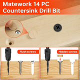Matework Countersink Drill Bit Set, M2 Cobalt HSS Counter Sink Drill Bit for Wood, Adjustable Depth Drill Bit Set, 15PCS Wood Plug Cutter Drill Bit Set for Woodworking Matework