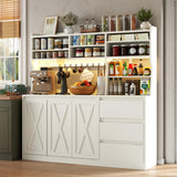 Gyfimoie Farmhouse Kitchen Pantry Cabinet with Power Outlet & LED Light, Large Coffee Bar Cupboard with Microwave Stand, 3 Doors & 3 Drawers, 7 Cup Holders & 8 Open Cubbies, Adjusted Shelves (White) Gyfimoie