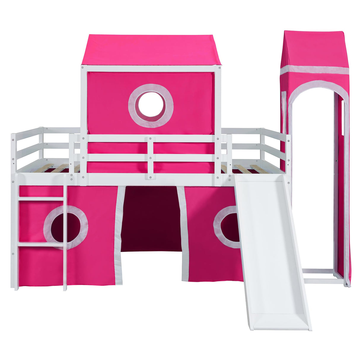 Ball & Cast Full Size Loft Bed with Slide and Tower,Loftkbed w/Ladder & Full-Length Guardrails,Slat Support,No Box Spring Needed,Space Saving,Slat Support,Bedframe for Child's Bedroom,Pink Ball & Cast