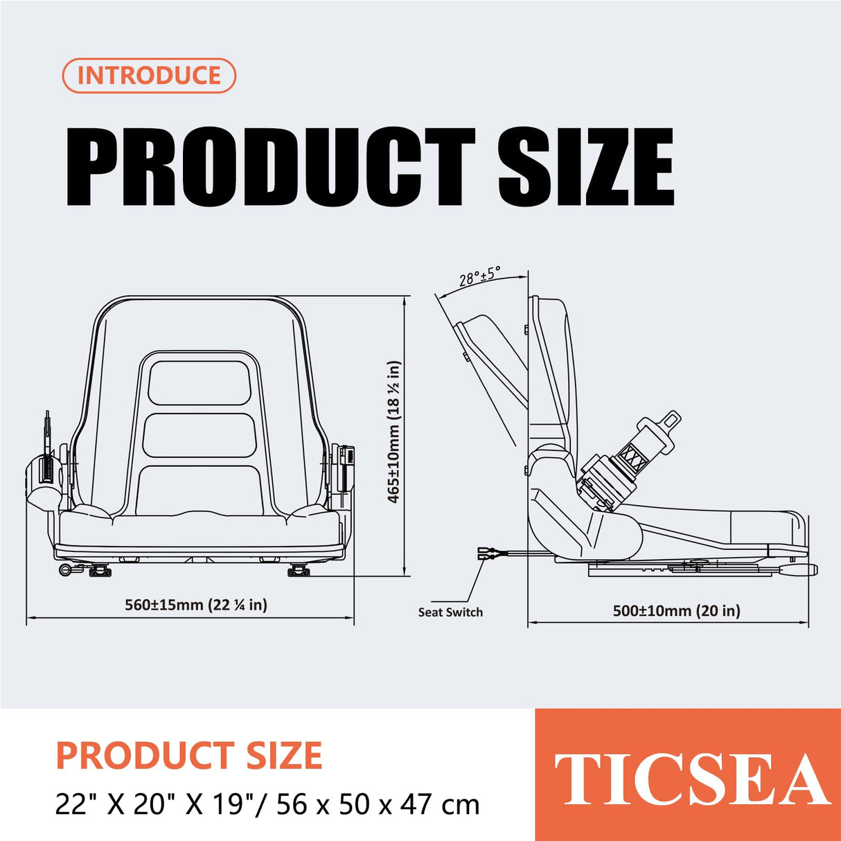 TICSEA Universal Forklift Seat with Adjustable Back,Safety Belt And Operator Position Switch,for Tractor,Excavator Skid Loader Backhoe Dozer Telehandler TICSEA