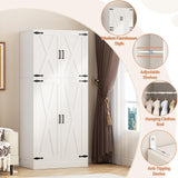 Unikito 71'' Farmhouse Wardrobe Closet with Hanging Rod, 4 Barn Door Clothing Storage Cabinet with Adjustable Shelves, Freestanding Wardrobe Cabinet for Bedroom, Living Room, Cloak Room, Office, White Unikito
