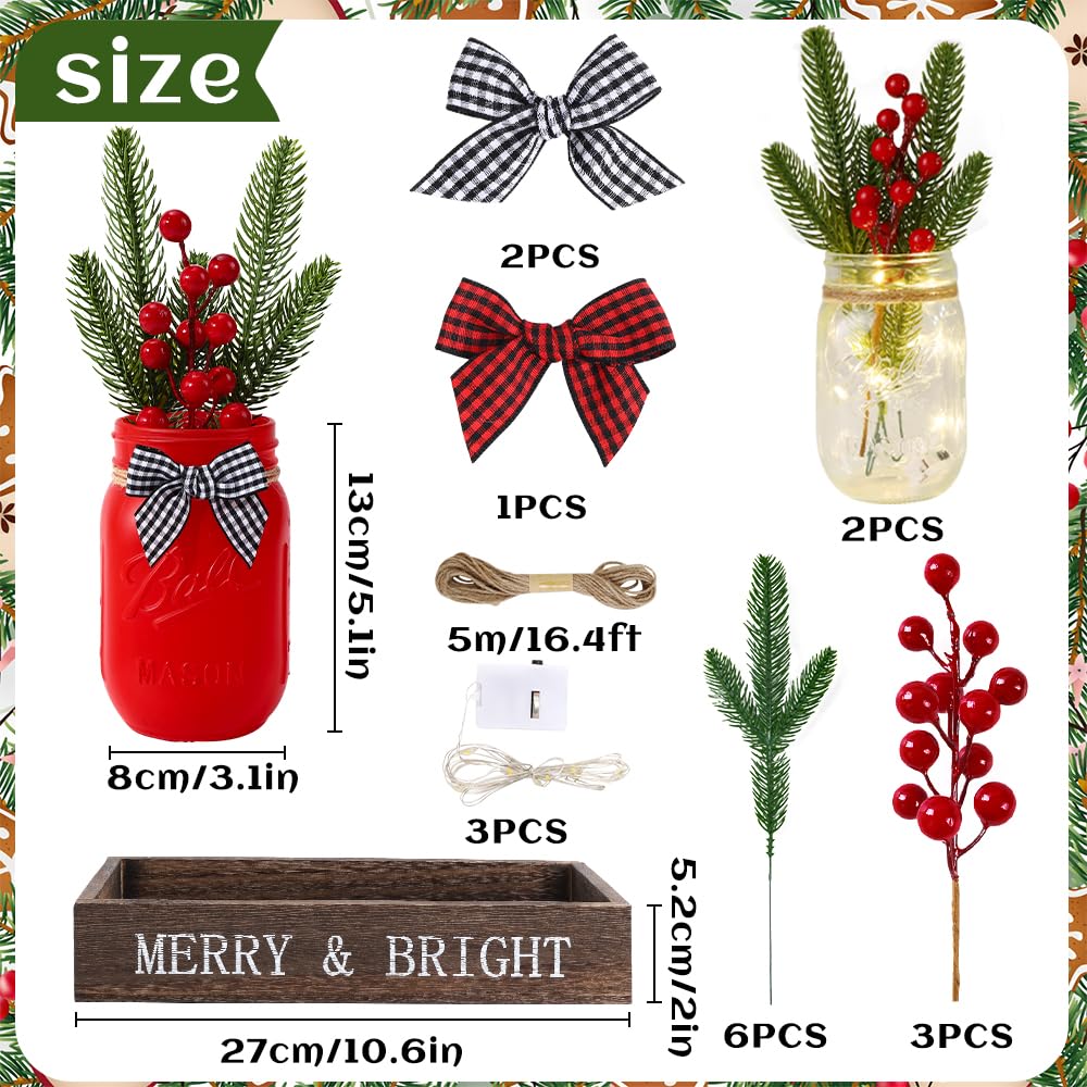DIYDEC 3PCS Christmas Mason Jars 3*5Inch lighting Painted Xmas Tiered Tray Decorative Jars with Wood Tray &Artificial Flowers Wishing Bottles for Winter Holiday Home Table Centerpiece Decor Gift (Red) DIYDEC