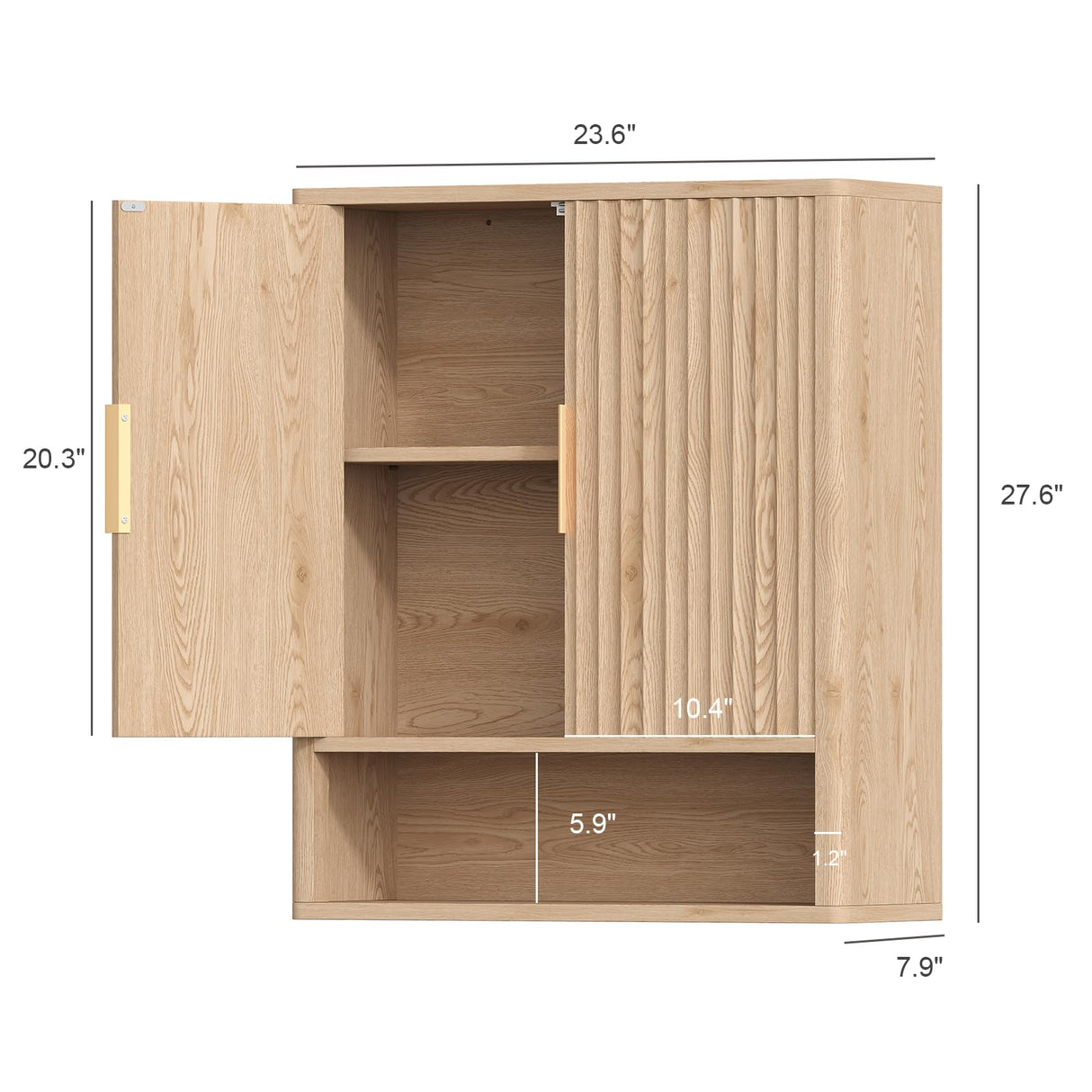Rovaurx Fluted Medicine Cabinet with 2 Doors, Bathroom Wall Cabinet, Curved Profile Wall Mounted Cupboard with Adjustable Shelf, for Bathroom, Kitchen, Laundry Room, Natural Rovaurx