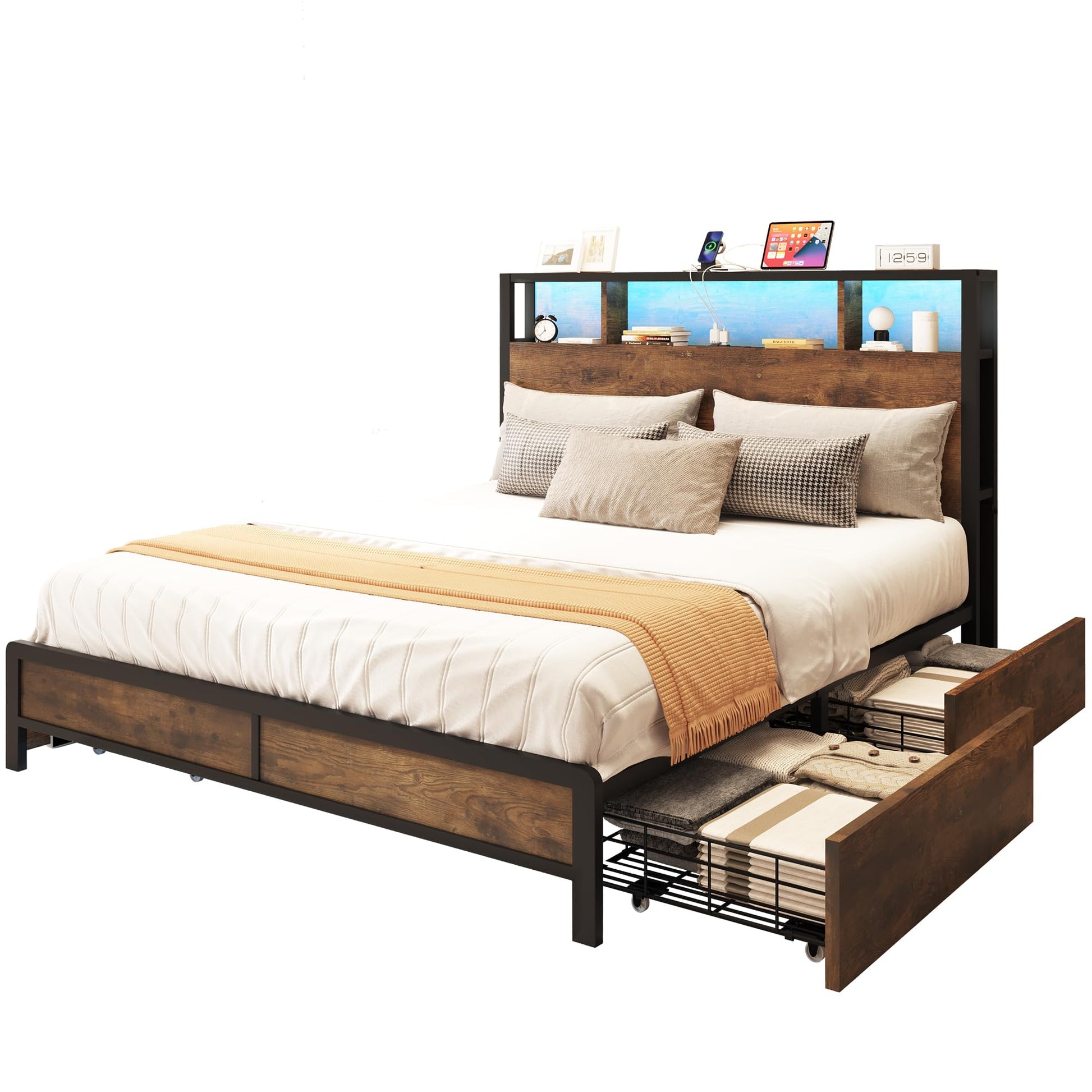 YITAHOME Stylish Queen Bed Frame with LED Lights, Charging Station, and 4 Storage Drawers - No Box Spring Needed - WoodArtSupply