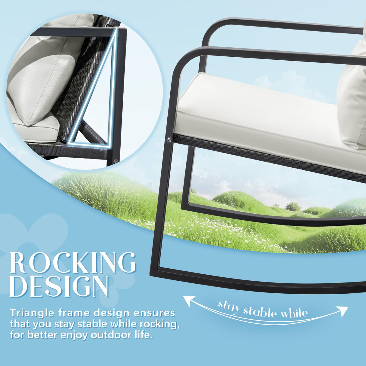 Flamaker Patio Chairs 3 Piece Wicker Rocking Chair Outdoor Bistro Sets with Coffee Table and Cushions Metal Frame Patio Furniture for Porch, Balcony, Lawn (White) Flamaker