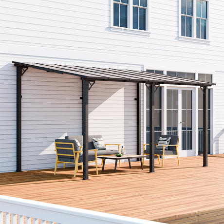 EBE 14' x 10' Gazebo, Hardtop Lean to Gazebo with Sloped Roof, Large Wall Mounted Gazebo Pergola, Metal Awning for Patio, Decks, Backyard EBE