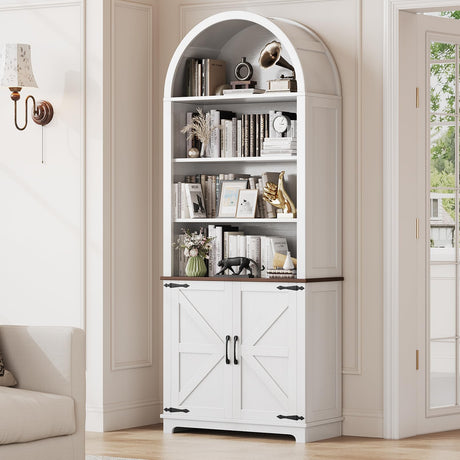 Vividwood 6-Tier Farmhouse Arched Bookshelf Bookcase with Doors, 70" Tall Storage Cabinet and Display Shelves, Open Shelves for Living Room or Office, White Vividwood
