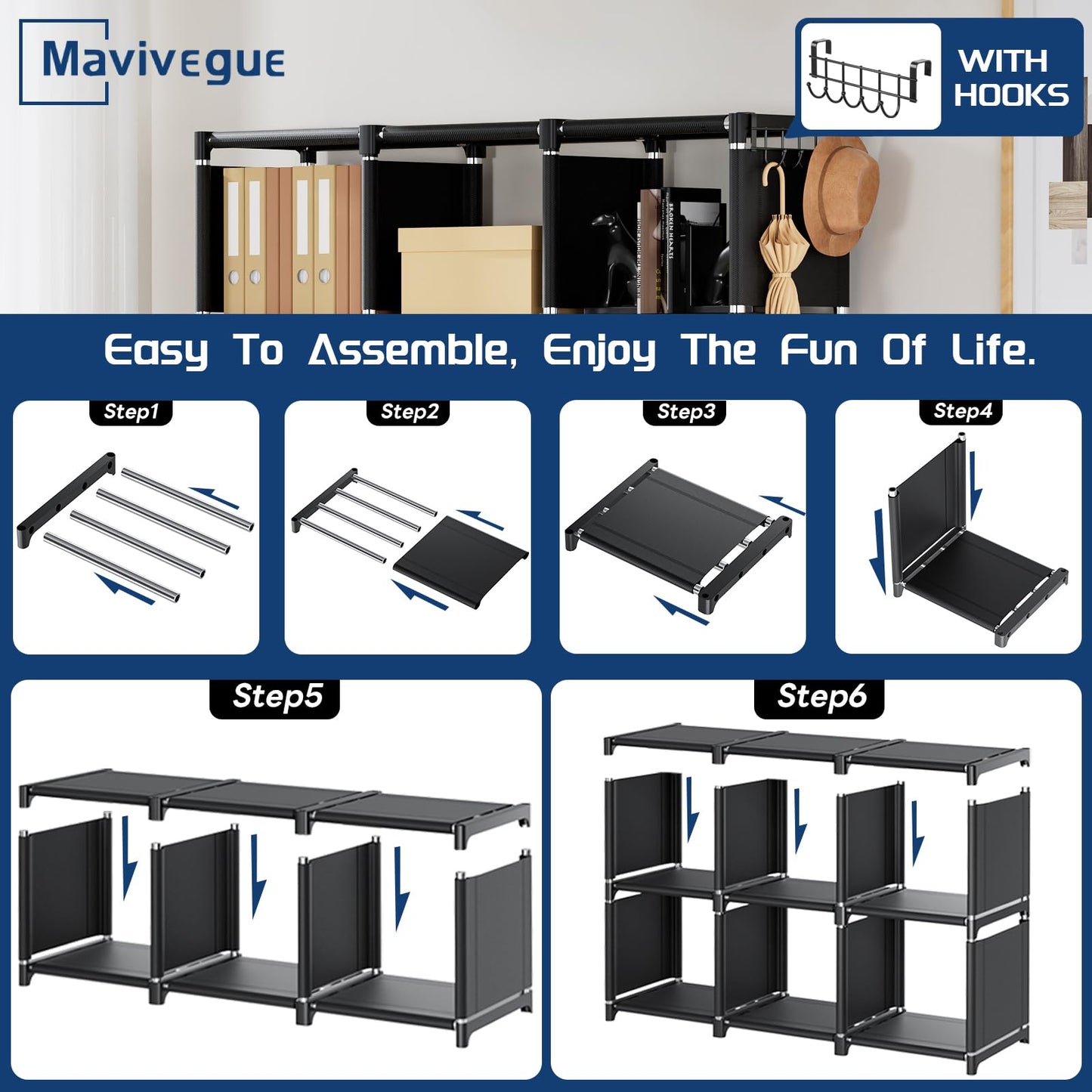 Mavivegue 18-Cube Extra Large Storage Organizer - Versatile Black Bookshelf for Home and Office - WoodArtSupply