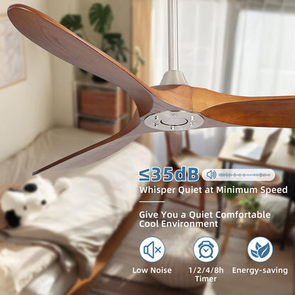 CACI Mall 60 inch 3 blade wood ceiling fan no Light, Solid, Quiet, Reversible DC Motor, Outdoor, Indoor Ceiling Fan for Living Room, Patio, Bedroom, Porch, Farmhouse