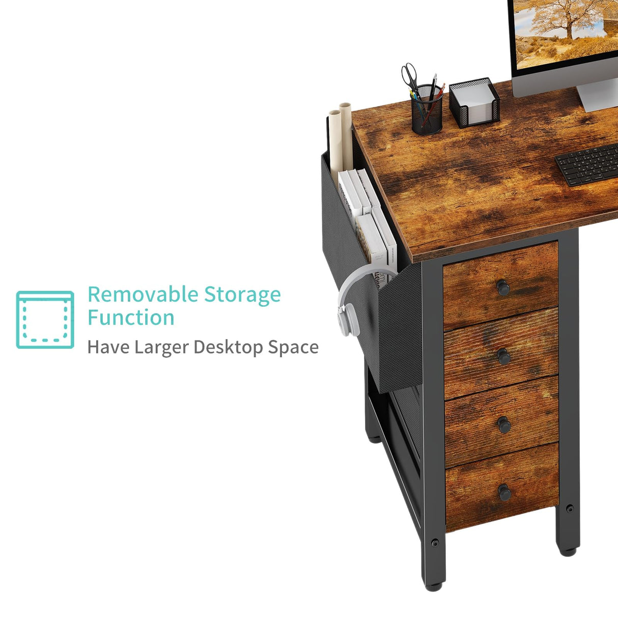 Lufeiya L Shaped Desk with Drawers & Storage Shelves, 47 Inch Corner Computer Desk with Power Outlet for Home Office Bedroom, L-Shaped Gaming PC Desks with Fabric Drawer, Rustic Brown Lufeiya