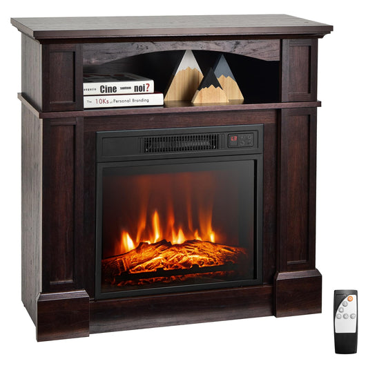 Tangkula 32" Electric Fireplace with Mantel, 1400W Freestanding Heater with Remote Control & Adjustable Brightness, Multifunctional Mantel Fireplace with Storage Shelf for Living Room (Brown)