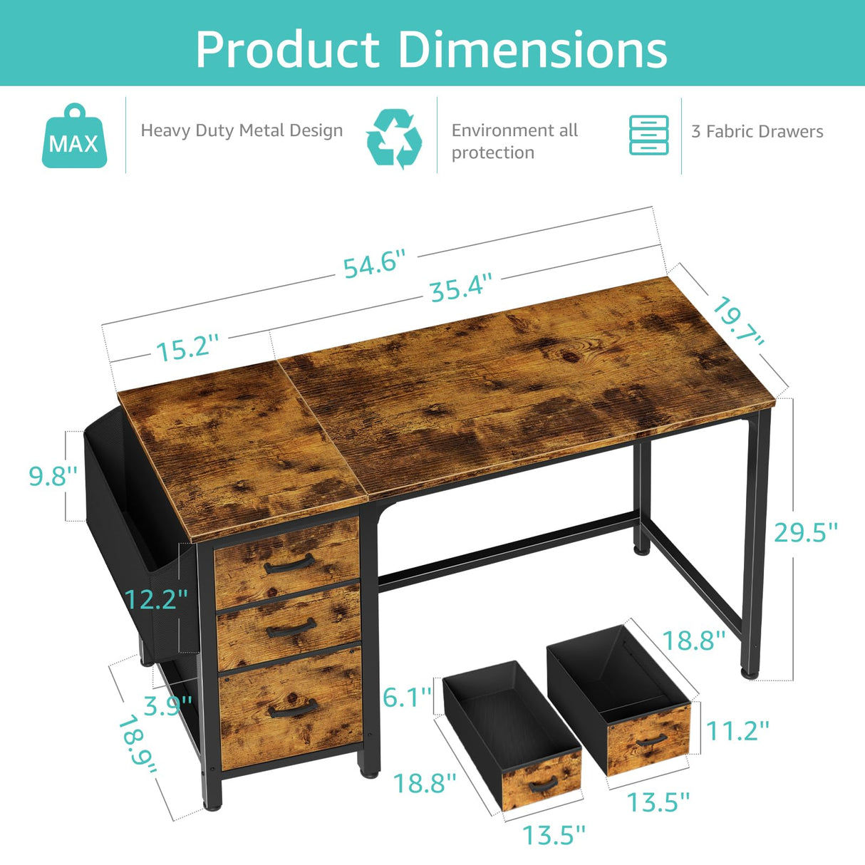 Lufeiya Computer Desk with Fabric File Drawers Cabinet, 55 Inch Home Office Desks with Filing Cabinet for Small Space, Study Writing Table PC Desks with Storage for Bedroom, Rustic Brown Lufeiya