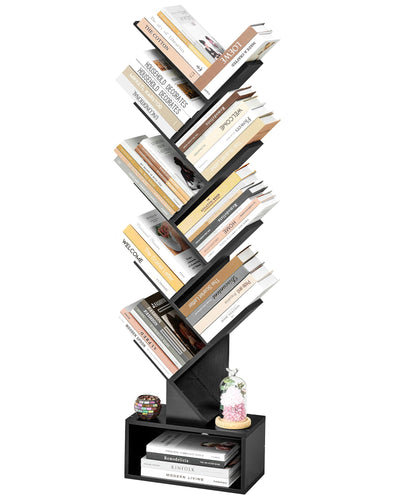 Hoctieon 9 Tier Tree Bookshelf, Tall Bookcase with Drawer, Wood Book Shelf, Modern Floor Standing Bookshelves, Book Organizer Shelves for Bedroom, Living Room, Home Office, Black