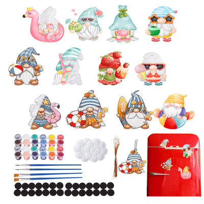 BOLLBAY 24Pcs Summer Gnome Ceramic Painting Kit for Adults Kids Ready to Paint Your Own Gnome Ornaments DIY Unpainted Gnomes Figurines Ceramic Gnomes to Paint Crafts Set with Magnetic Strips