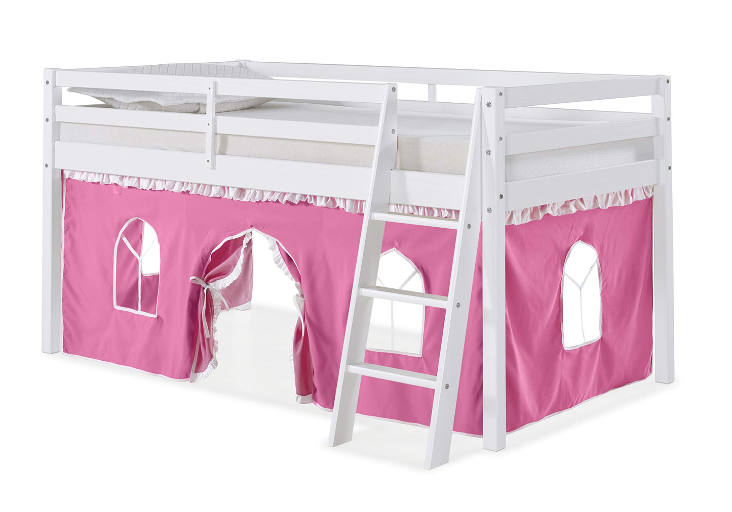 Roxy Pine Twin Junior Loft Bed, White Finish with Pink & White Tent, Guardrails, Machine Washable Polyester Tent, Variety of Colors