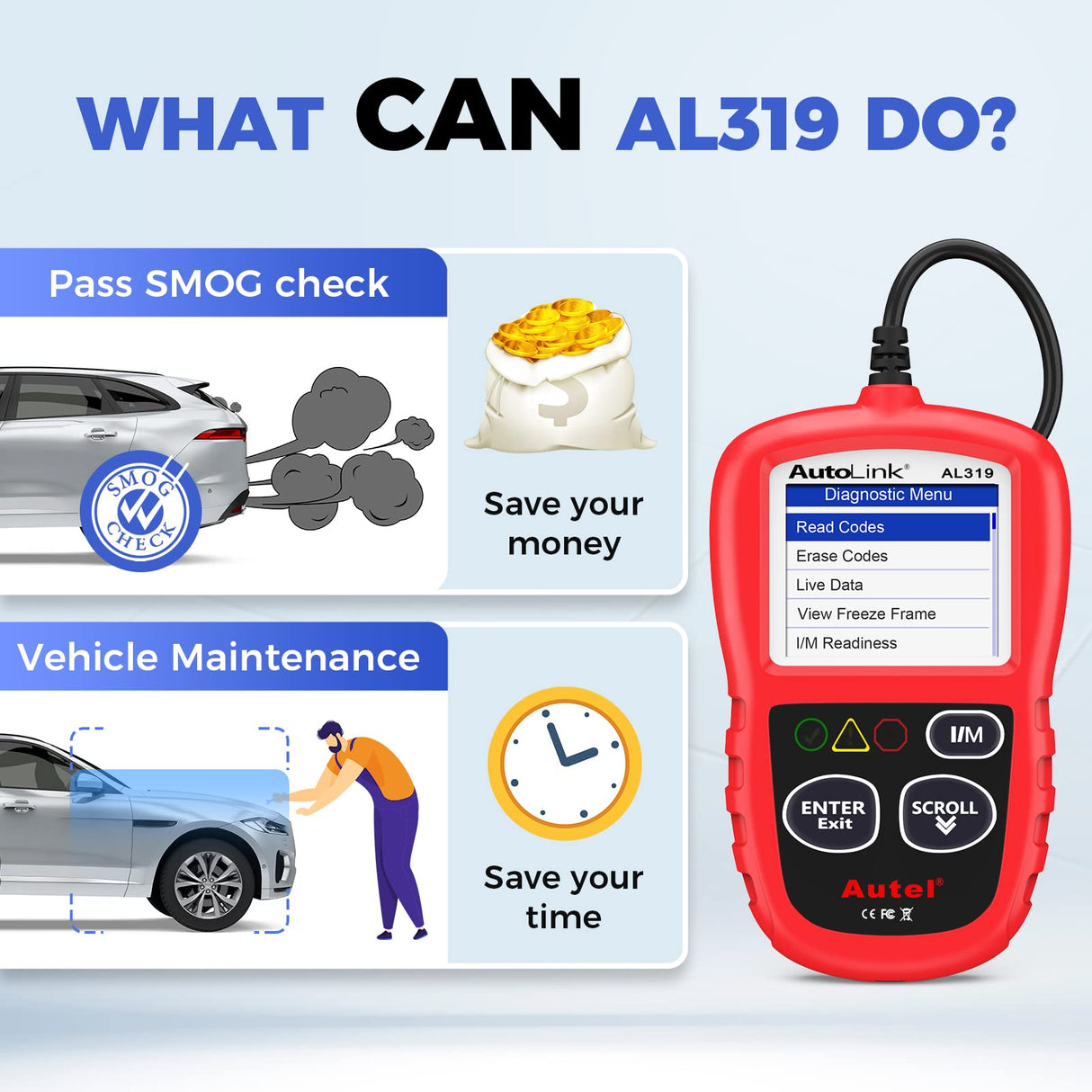 Autel Professional OBD2 Scanner AL319 Code Reader, Enhanced Check and Reset Engine Fault Code, Live Data, Freeze Frame, CAN Car Diagnostic Scan Tools for All OBDII Vehicles After 1996, 2024 Upgraded Autel