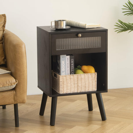 AWASEN Black Nightstand, Modern Bedside Tables with Glass Drawer, Wood Night Stand with Storage Shelf and Solid Wood Legs, Small End Tables Bedroom for Small Space, Black AWASEN