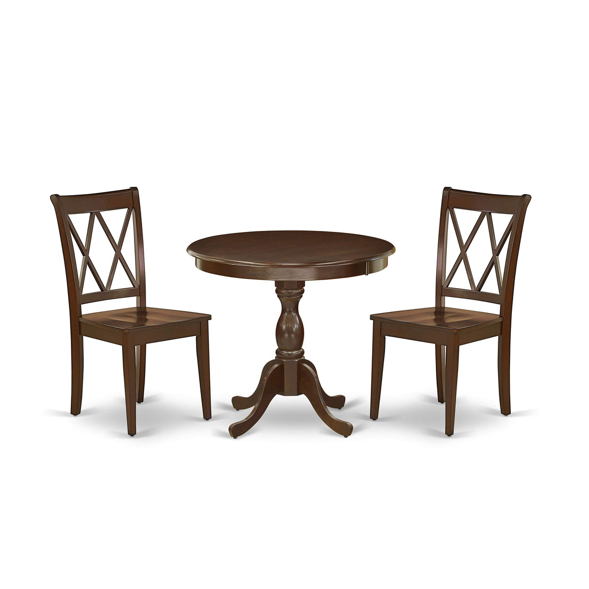 East West Furniture Antique 3 Piece Room Set Contains a Round Wooden Table with Pedestal and 2 Kitchen Dining Chairs, 36x36 Inch, AMCL3-MAH-W East West Furniture