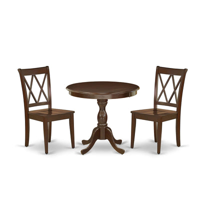 East West Furniture Antique 3 Piece Room Set Contains a Round Wooden Table with Pedestal and 2 Kitchen Dining Chairs, 36x36 Inch, AMCL3-MAH-W - WoodArtSupply