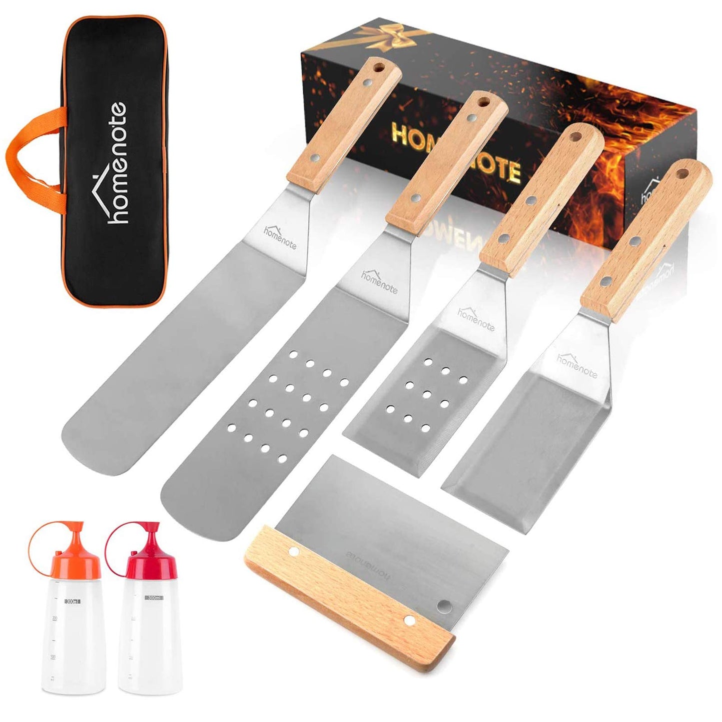 HOMENOTE Griddle Accessories Kit, 7Pc Professional BBQ Kit in Gift Box - Heavy Duty Wooden Handle Stainless Steel Griddle Tool Set Great for Grill Flat Top Cooking Camping, Wood Color