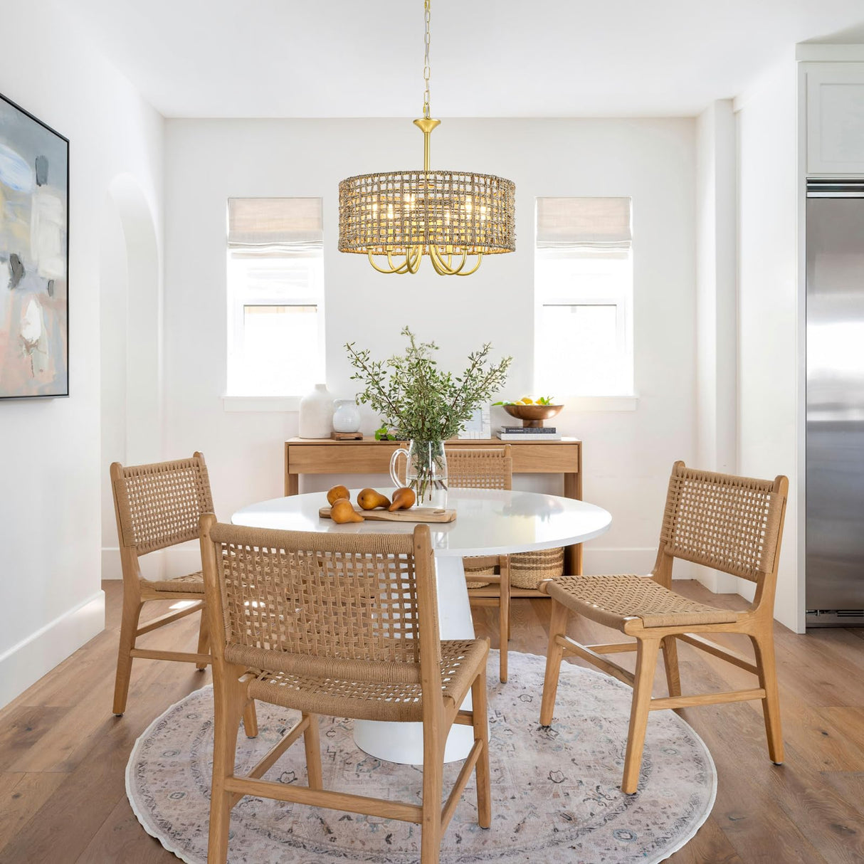 WBinDX 6-Light Boho Large Rattan Chandelier for Dining Room, Seagrass Gold Chandelier with Hand Woven Wicker Shade, Farmhouse Drum Hanging Pendant Light Fixture for Living Room Hallway Foyer WBinDX