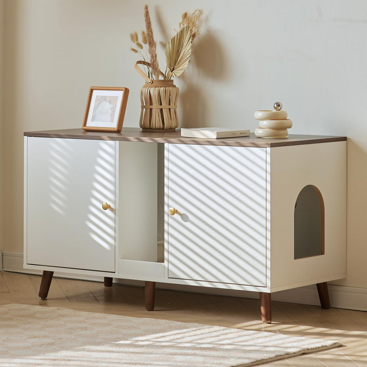 JanflyHome Litter Box Enclosure for 2 Cats, Double Hidden Litter Box Cabinet Furniture with Scratching Pad, Indoor Wood End Table Side Table Cat Washroom, White JanflyHome