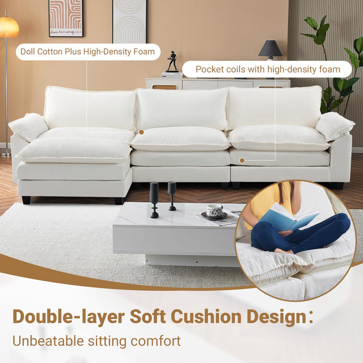 VINGLI 122" Cloud Double-Layer Deep Convertible Sectional Sofa, Comfy L-Shape 3-Seat Couches for Living Room, Modern Couch with Movable Ottoman for Small Space, White/Cream Chenille VINGLI