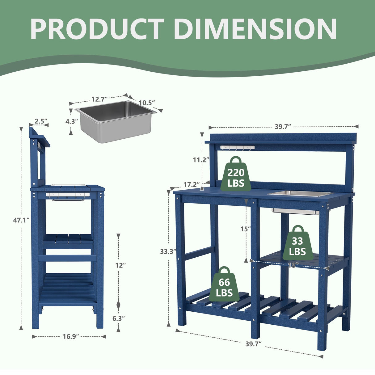 FOOWIN Potting Bench, HDPE Outdoor Potting Table with Sink, All-Weather Potting Benches for Outside, Gardening Table with Storage Shelf, Hook, for Garden, Patio, Lawns, Navy Blue FOOWIN
