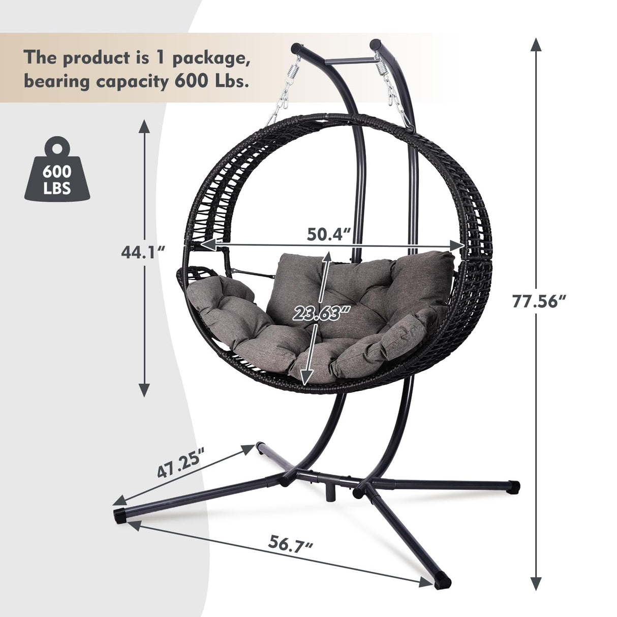 Double Hanging Egg Chair with Stand for Outdoor, Oversized 2 Person Wicker Rattan Swing Chair w/Convertible Armrest for Reclining Seat, All-Weather Cushion and Heavy Duty Frame, 700Lbs Cap. (Grey) DAIJIA CHINA