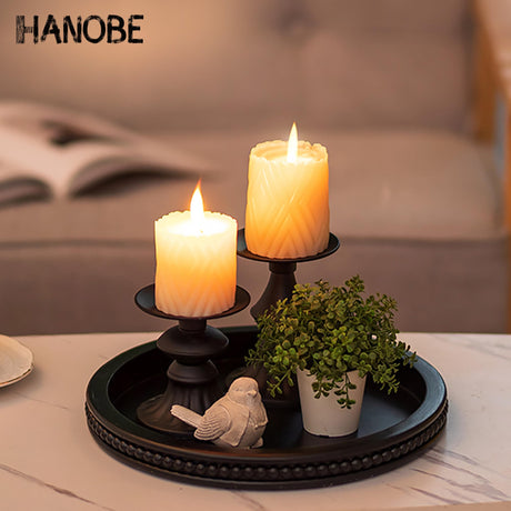 Hanobe Decorative Serving Tray Wood: Black Bead Round Tray for Coffee Table Rustic Wooden Trays Decor Farmhouse Kitchen Counter Circle Tray Vintage Centerpiece for Living Room Home Organizer Hanobe