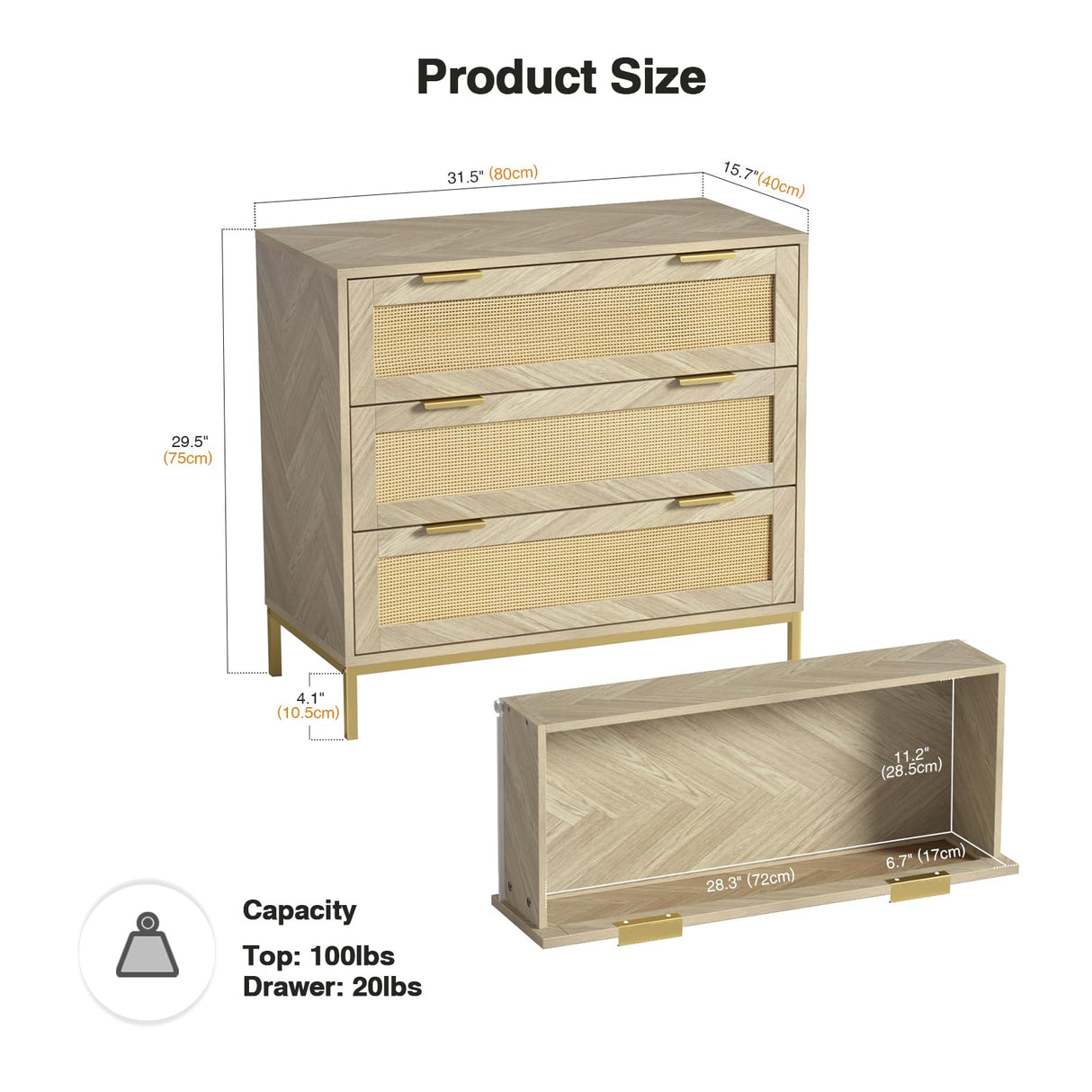 Anmytek 3 Drawer Dresser for Bedroom with Natural Rattan,Closet Dressers Chest of Drawers for Bedroom,Farmhouse Wood Large Nightstand with Storage Versatile Bedside Table for Bedroom Anmytek