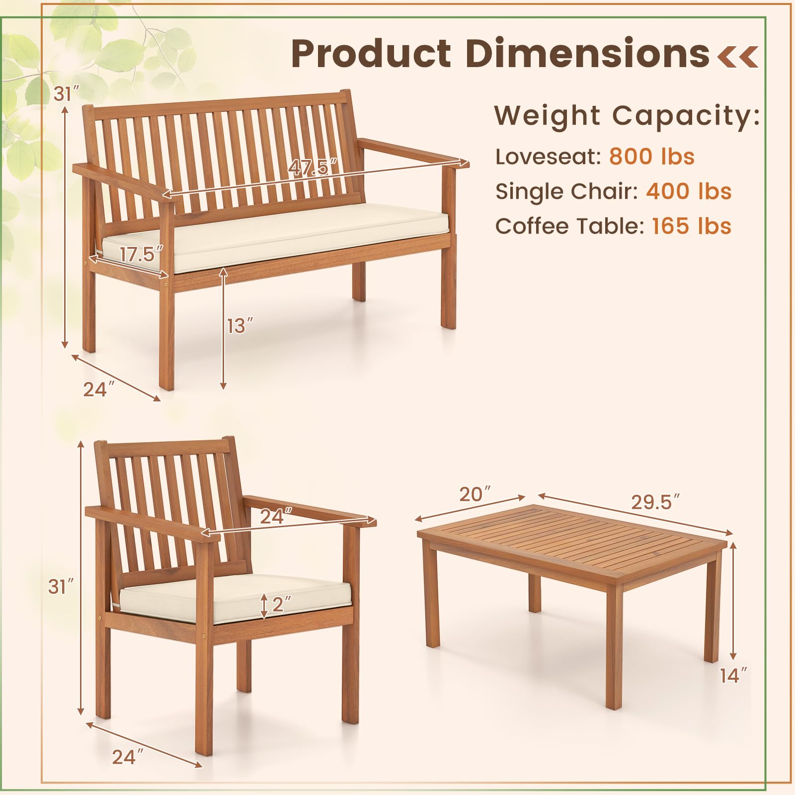 Tangkula 4 Piece Patio Wood Furniture Set, Acacia Wood Sofa Set w/Loveseat, 2 Chairs & Coffee Table, Soft Seat Cushions, Outdoor Wood Furniture Set for Porch, Yard, Balcony (Off White) - WoodArtSupply