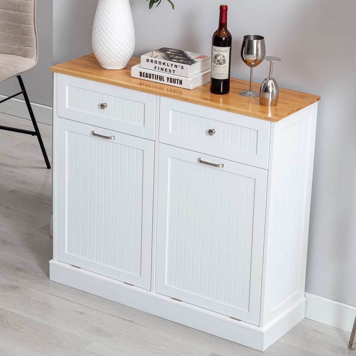 Double Tilt Out Trash Cabinet 20 Gallon, Freestanding Wooden Kitchen Trash Recycling Cabinet with Drawer & Removable Cutting Board, Dog Proof Trash Can Cabinet, White Gitua