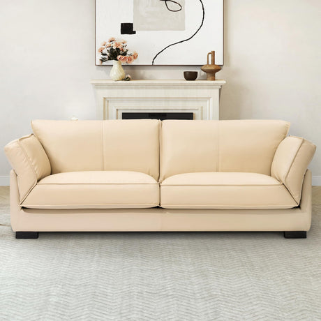 Olodumare 87’’ Genuine Leather Sofa for Living Room, Luxurious Top-Grain Leather Comfy Couch with Overstuffed Cushions, Mid-Century Modern Feather Filled Cushions Furniture, Cream Beige Olodumare